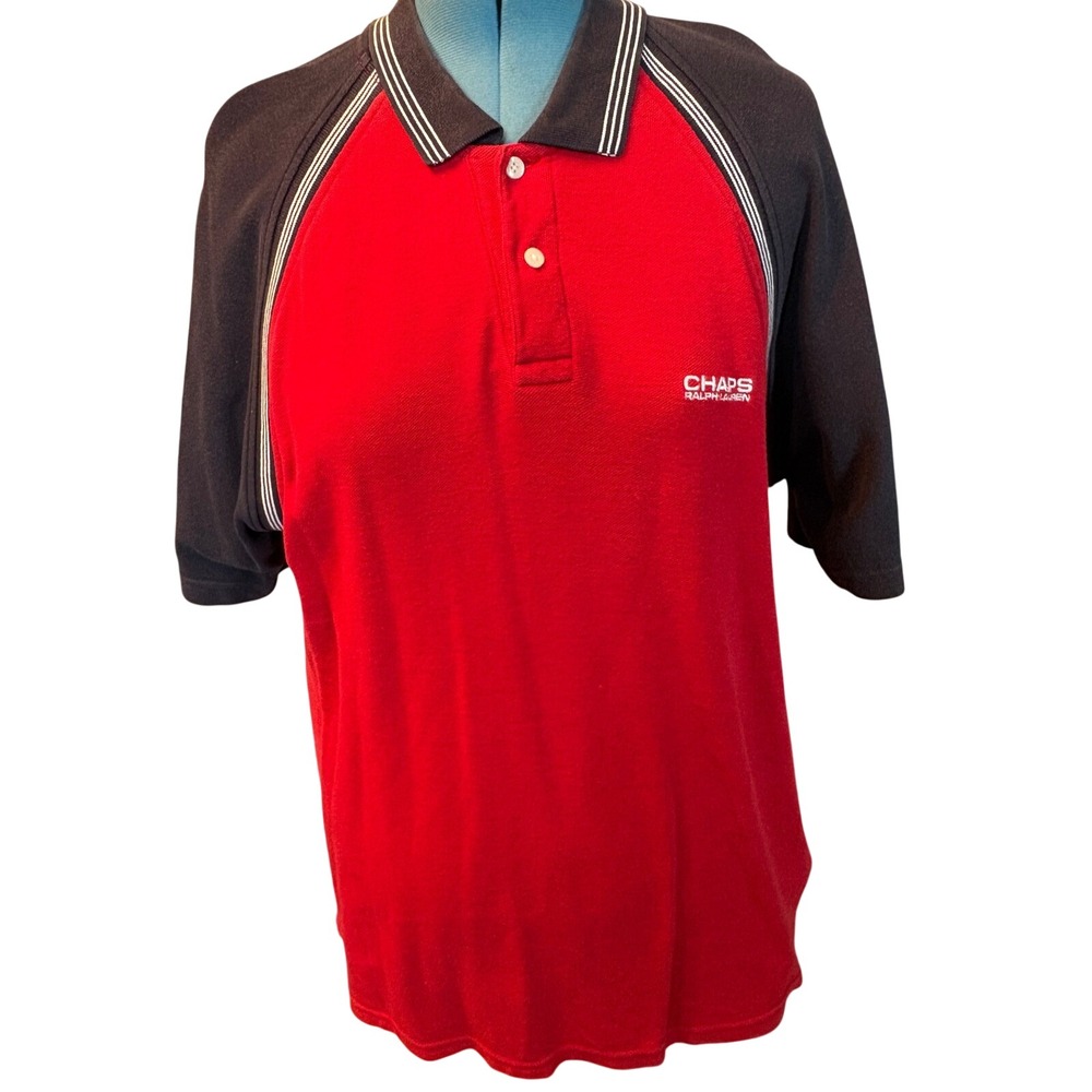Chaps Ralph Lauren Mens XL Red Navy Colorblock Raglan Stripe Polo Shirt Cotton